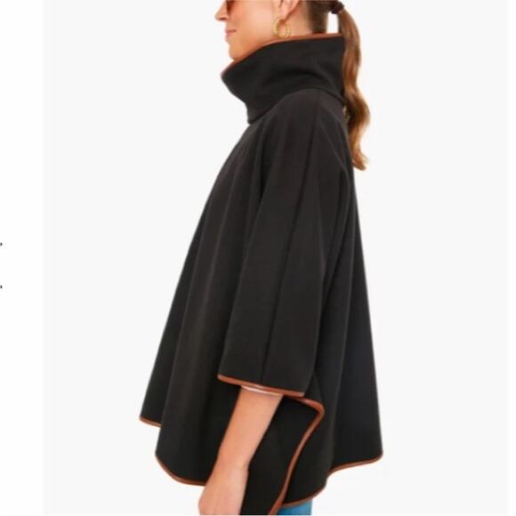Tuckernuck Piper Poncho One Size Black Brown Leather Trim Funnel Neck - Picture 3 of 14